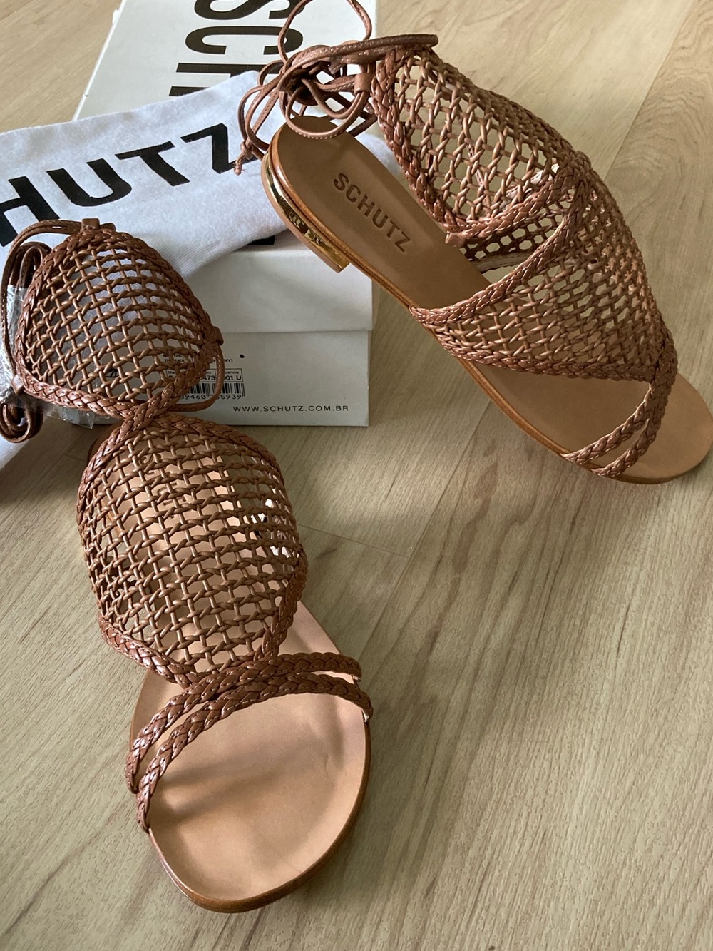 Schutz Brown Woven Leather Lace-Up Flat Sandals 8M NIB